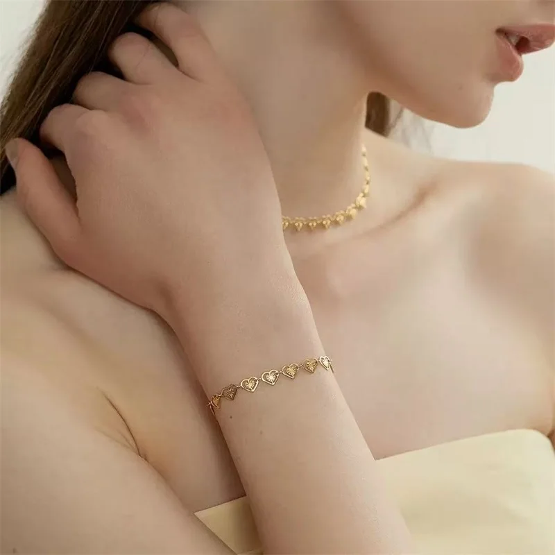 EILIECK 316L Edelstahl Kreatives Herz-Halsketten-Armband-Ohrringe-Set Modischer Goldfarbener Wasserdichter Schmuck für Frauen und Mädchen – Detail 16