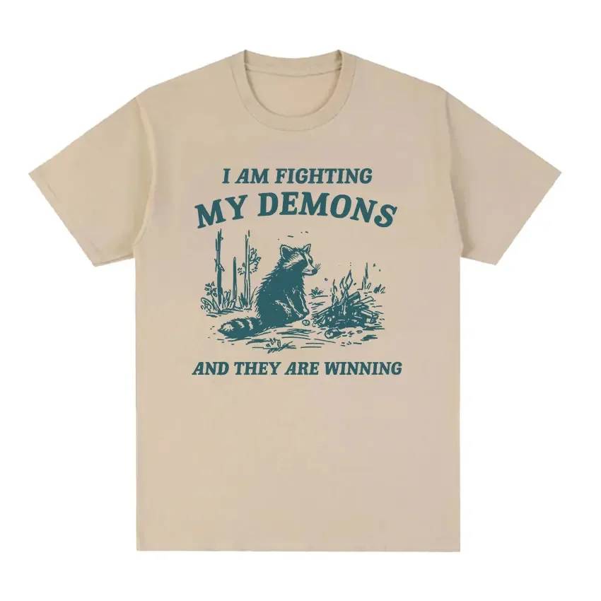 I Am Fighting My DEVIL Raccoon Meme T shirt Lucu Pria Wanita mode Harajuku Retro T-shirt atasan kasual katun ukuran besar