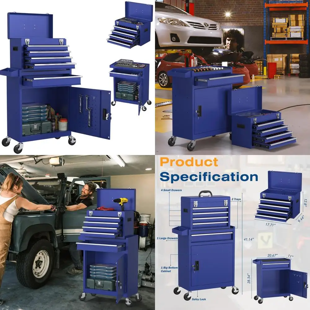 

Синий металлический ящик для инструментов на 5 выдвижных ящиков с отсоединяемым органайзером и замком для гаража и мастерской