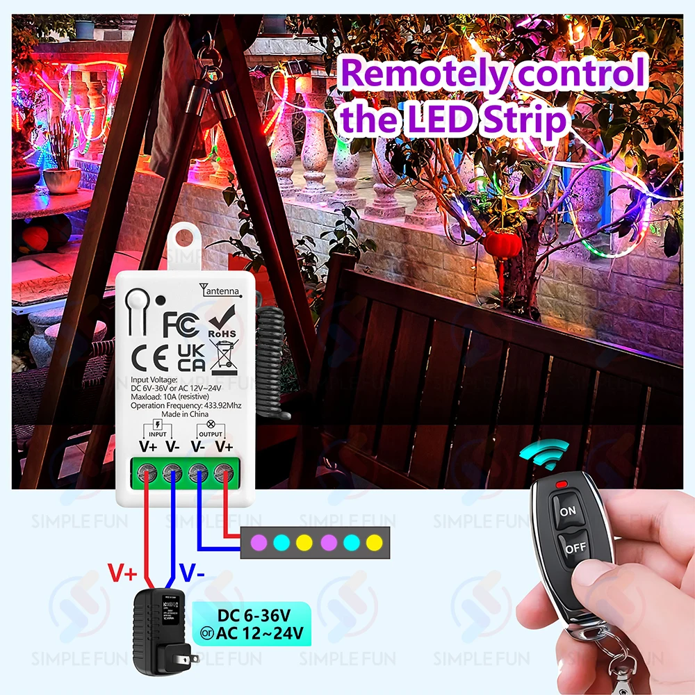 433 ميجا هرتز لاسلكي للتحكم عن بعد التبديل تيار مستمر 6 فولت 12 فولت 24 فولت 30 فولت 36 فولت 10A استقبال التتابع 50 متر الارسال ، لمضخات LED مروحة قفل مغناطيسي