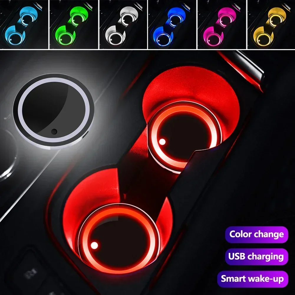 1/2PC Car Coasters Cup Holder Luminous LED Coaster Water Cup Pad Atmosphere Light Mats 7Colors Car Interior Accessories