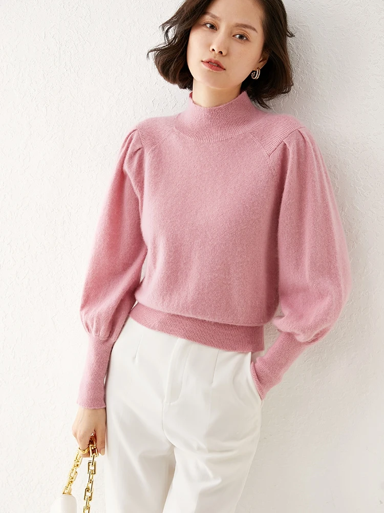 

Autumn Winter 100% Pure Wool Pullover Sweater Female Clothing Mock Neck Soild Lantern Sleeve French Elegant Knit Basic Sweater