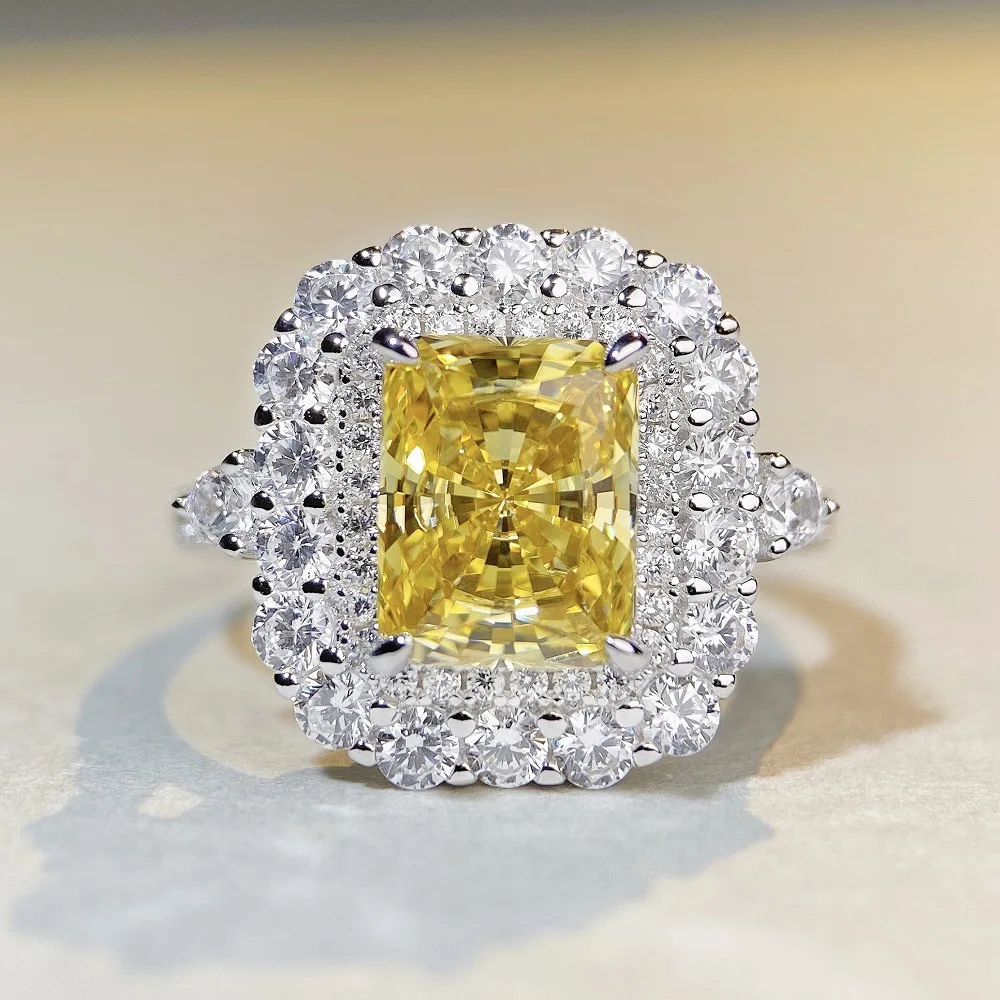 

S925 Pure Silver Ring with High-end Feel, Full Diamond Square Diamond Ring, Redion Cut Yellow Diamond Ring, Cross-border