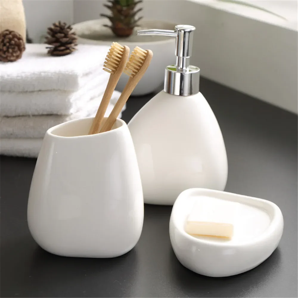 Home Washing Part Nordic Bathroom Wash Accessory White Ceramic Soap Dispenser Bottle Mouthwash Cup Soap Dish Toothbrush Cup