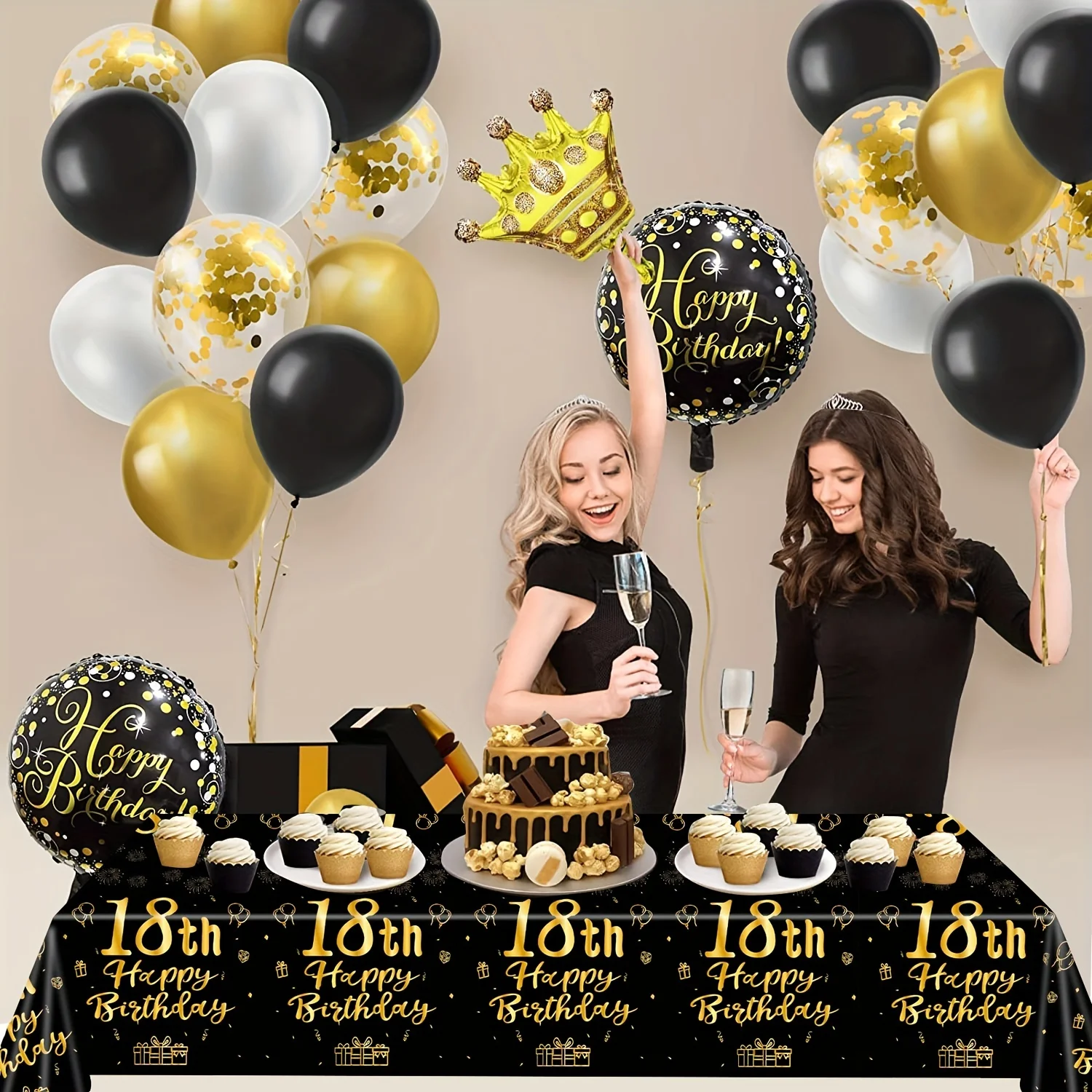 18th Birthday Decorations for Boys Girls Black Gold Party Banner Birthday Balloons Tablecloths Cake Topper Tableware Supplies