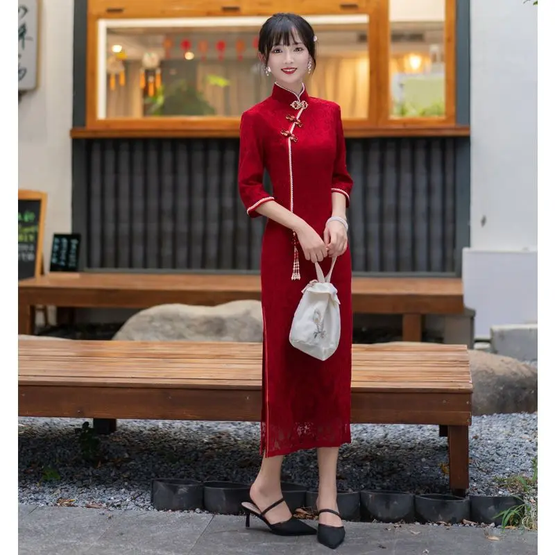 Yourqipao Chinese Improved Cheongsam Wedding Toast Clothing Burgundy Lace Engagement Evening Dresses Women Hanfu Wedding Sets