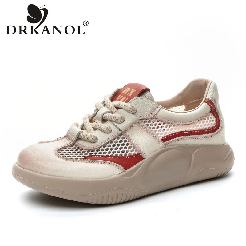 

DRKANOL Mixed Colors Casual Sneakers Women Thick Bottom Genuine Leather Mesh Breathable Lace-Up Summer Chunky Platform Shoes