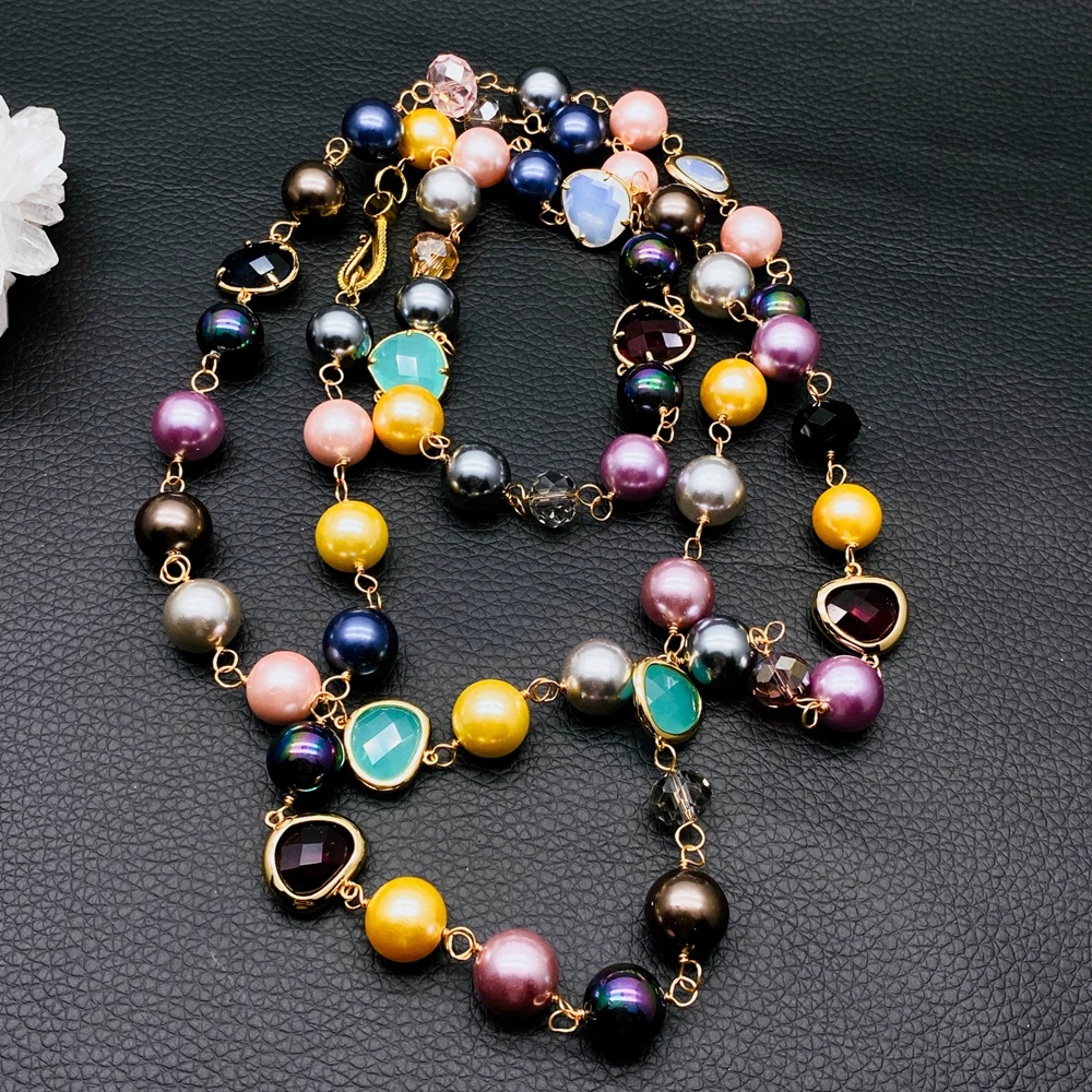 YYGEM 12MM  Multi Color Round Sea Shell Pearl Crystal Long Necklace Women Bead 46