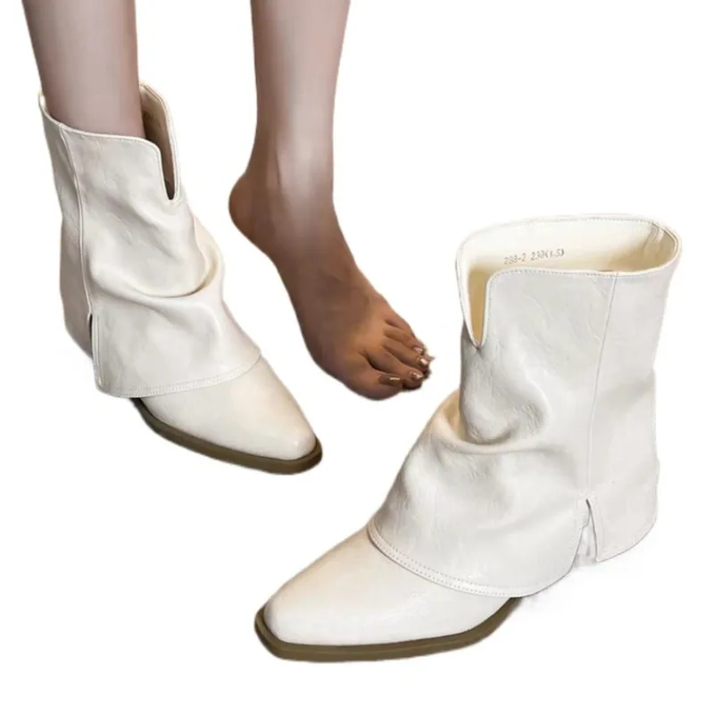 Women Mid Heels Short Boots Winter 2025 Designer Elegant Shoes Fashion Leather Ankle Boots Dress Chunky Pumps Zapatillas Mujer