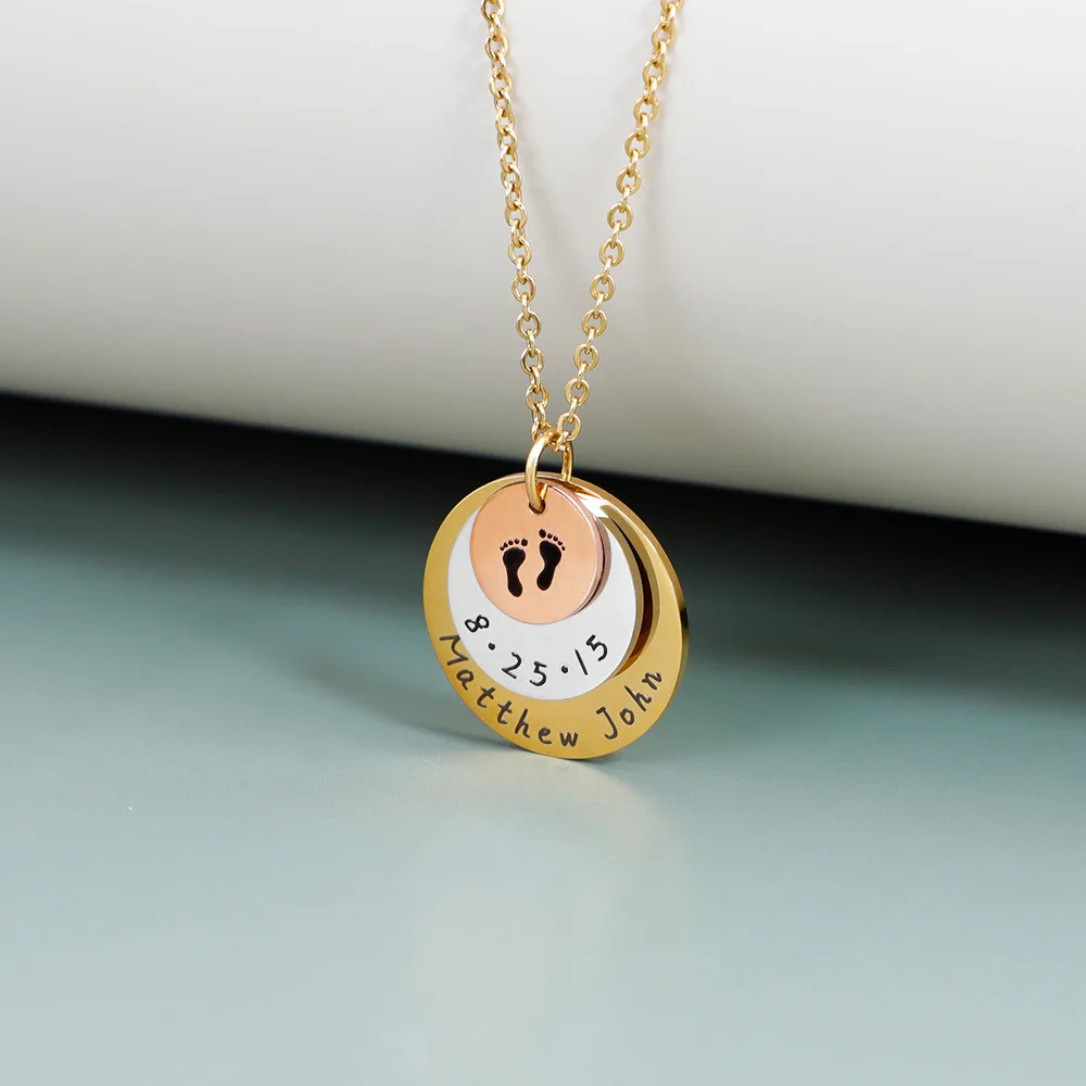 Personalized Baby Date Feet Necklace for Women Customized Name Memory Pendant Necklace Gift for Mother Jewelry view 5