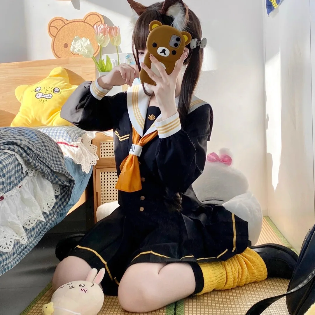 New Japanese School Jk Uniform Girl Sailor Suit Sexy Spring and Autumn Orange Tie White Seifuku Uniform Women Long Sleeve Set