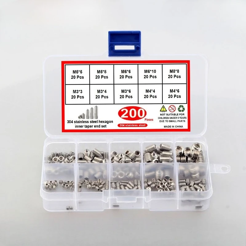 

Boxed 200/260/250/300pcs M3 M4 M5 M6 Specifications, Stainless Steel 304 Hexagonal Cone End Settling Screw Set
