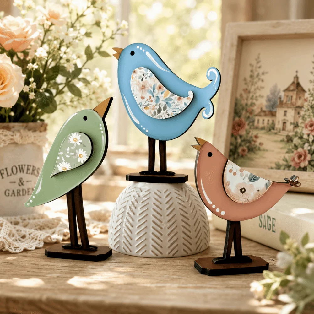 3pcs Nordic Style Wooden Bird Statue Sculptures Home Decoration Seagull Figurine Flower Patchwork Seabird Ornaments Beach Beauty