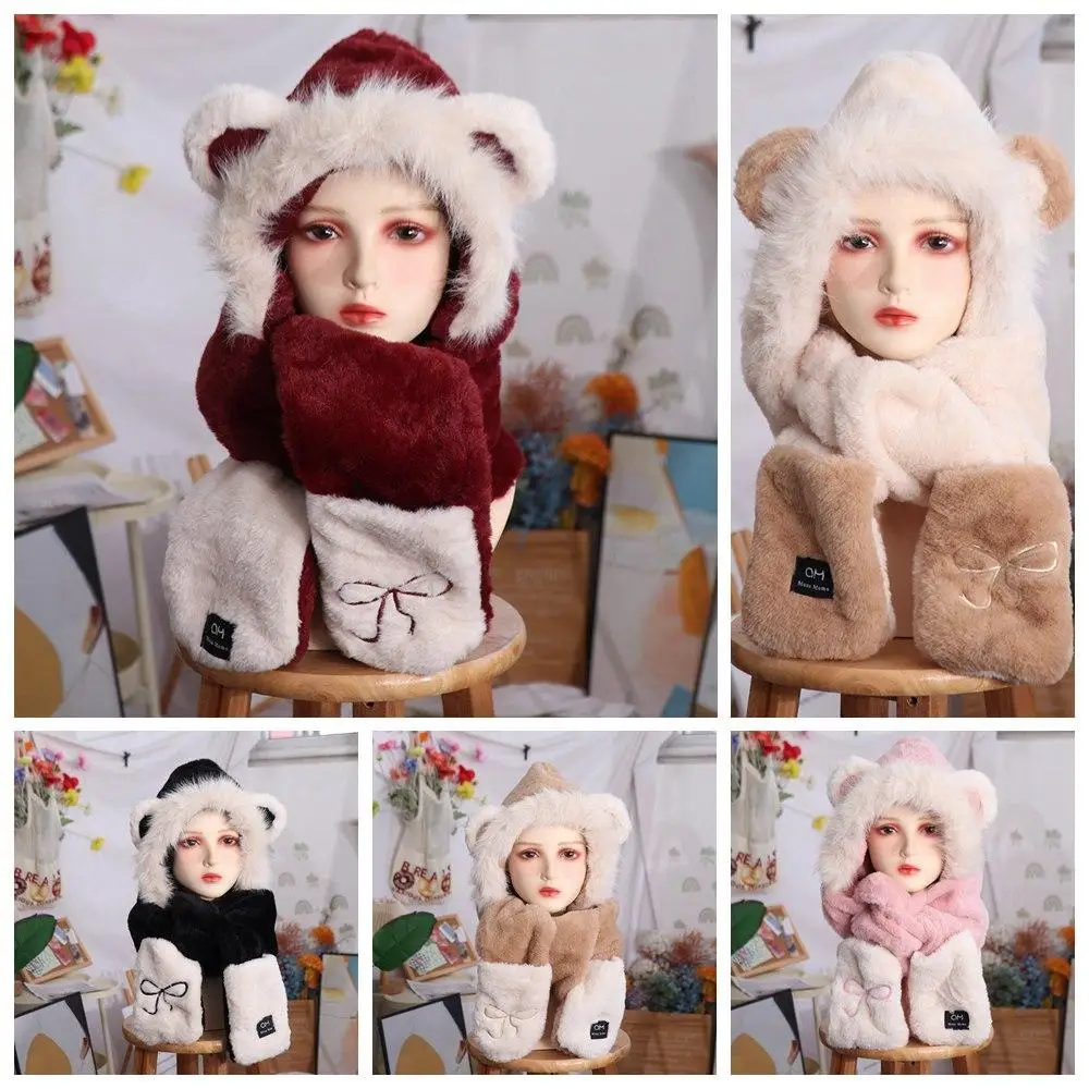 Fashion Cute Bear Ears Plush Hat Cartoon Embroidery Bow Scarf Hat Glove for Women Windproof Warmer Furry Scarf Cap Set Girl