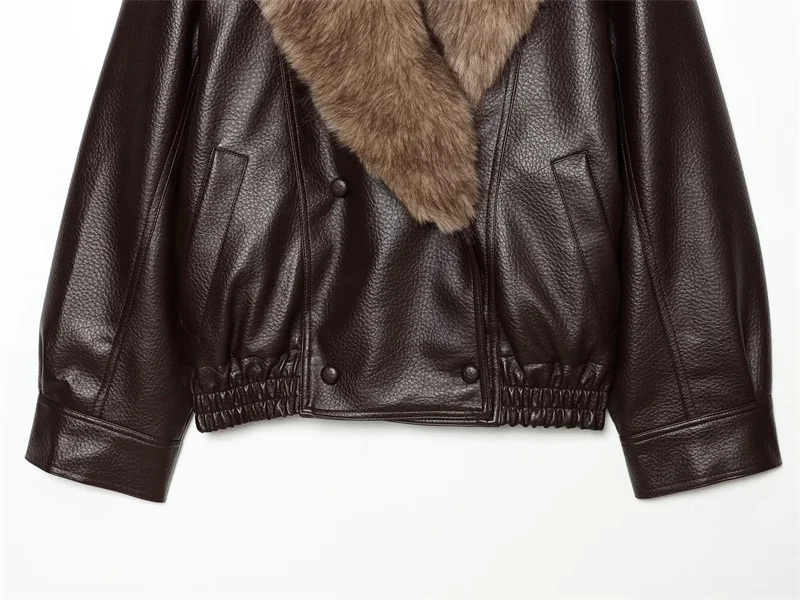 Guobioziy Women's Leather Jacket 2026 Autumn and Winter New Style Large Fur Collar Turn-Down Collar Faux Leather Casual Coat