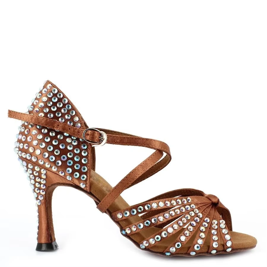 Crystal Salsa Heels Latin Ballroom Suede Sole 9cm Cuban Heel Dance Shoes 2026 Women Ballroom Dance Party Shoes