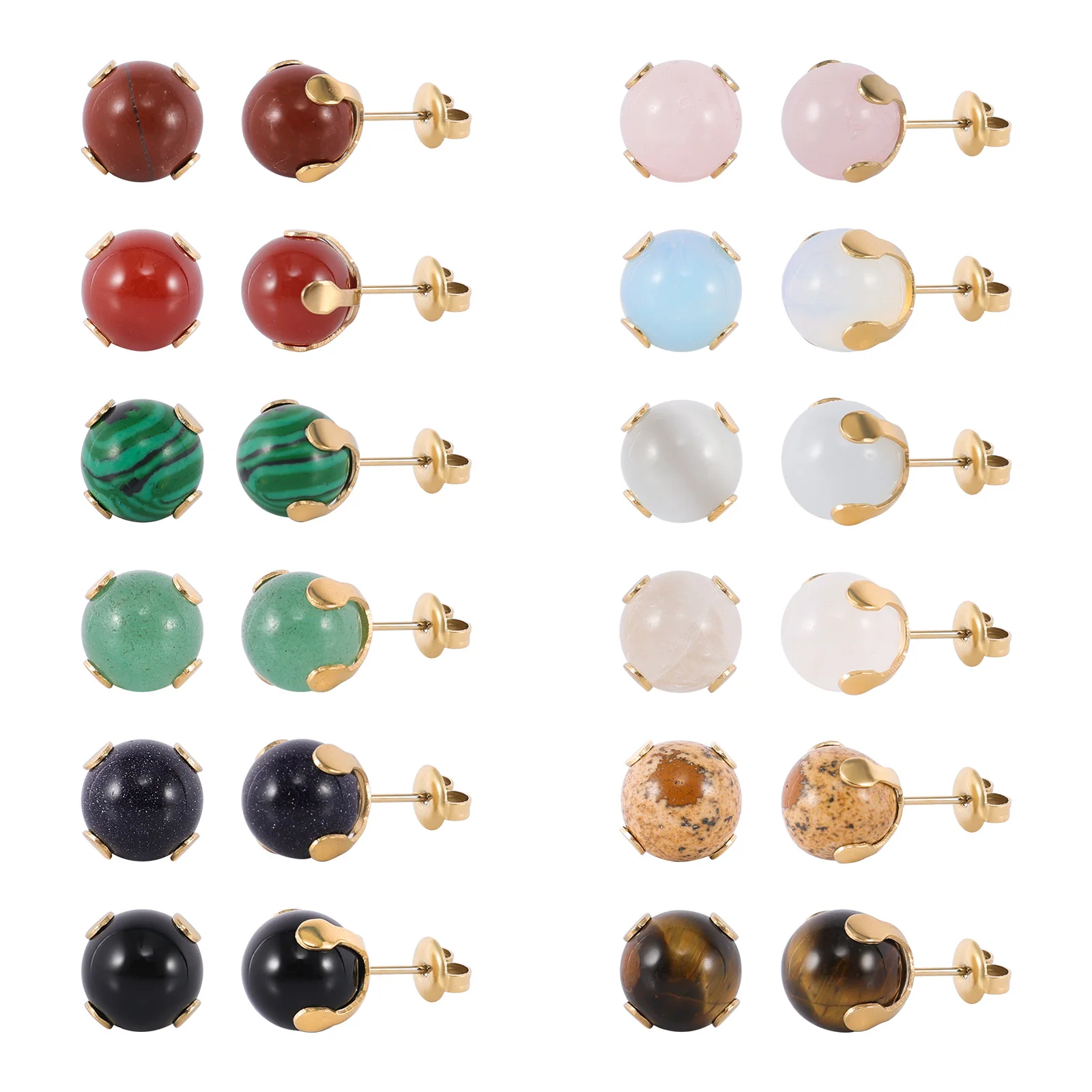 

12 Pairs Natural Gemstone Bead Ball Stud Earrings,Stainless Steel Tiger Eye Rose Quartz Agate Onyx Malachite Stone Stud Set