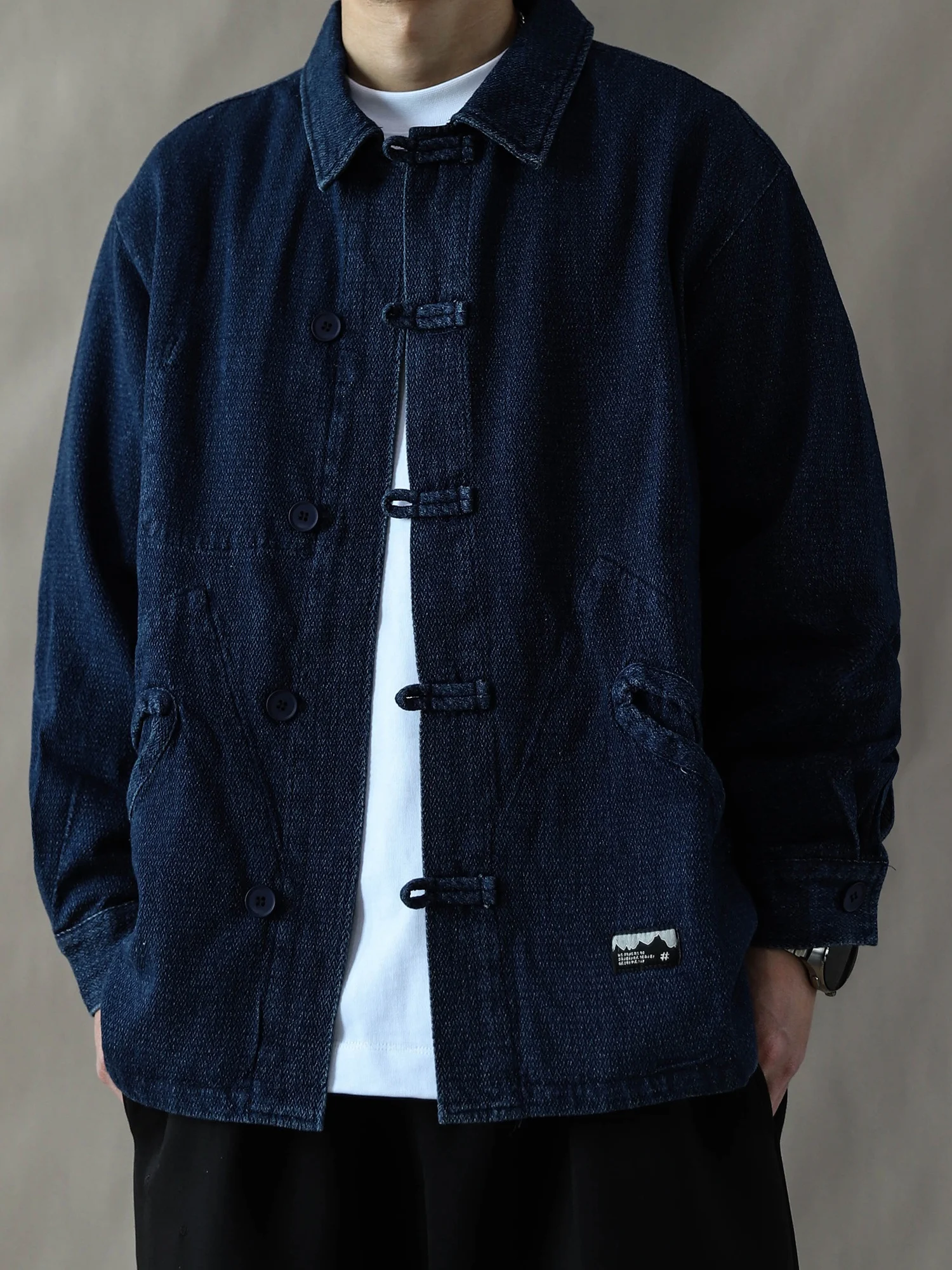 

Retro Waed Denim Jaet Men's Spring Autumn Loose Fit Collared Coat Blue Cotton Polyester Blend Long Sve Zipper Closure