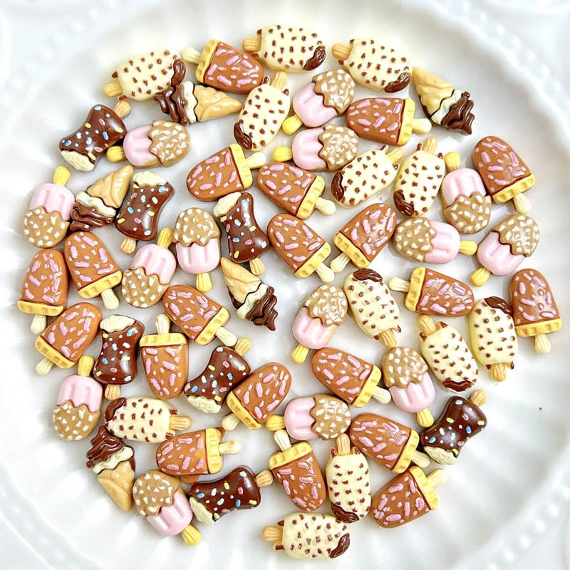 Mini estatuilla de cono de helado de sésamo y Chocolate pintada de colores, piedra plana, accesorios de decoración para álbum de recortes, manualidades, 100 Uds.