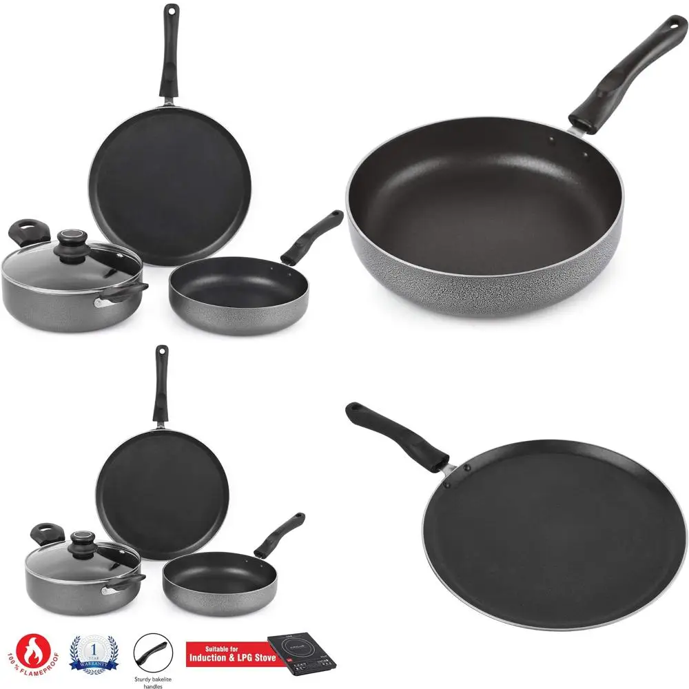 

Bergner Albarino 4-Piece Non-Stick Cookware Set: 24cm Kadai with Lid, 24cm Frypan, 28cm Tawa, Bakelite Handles