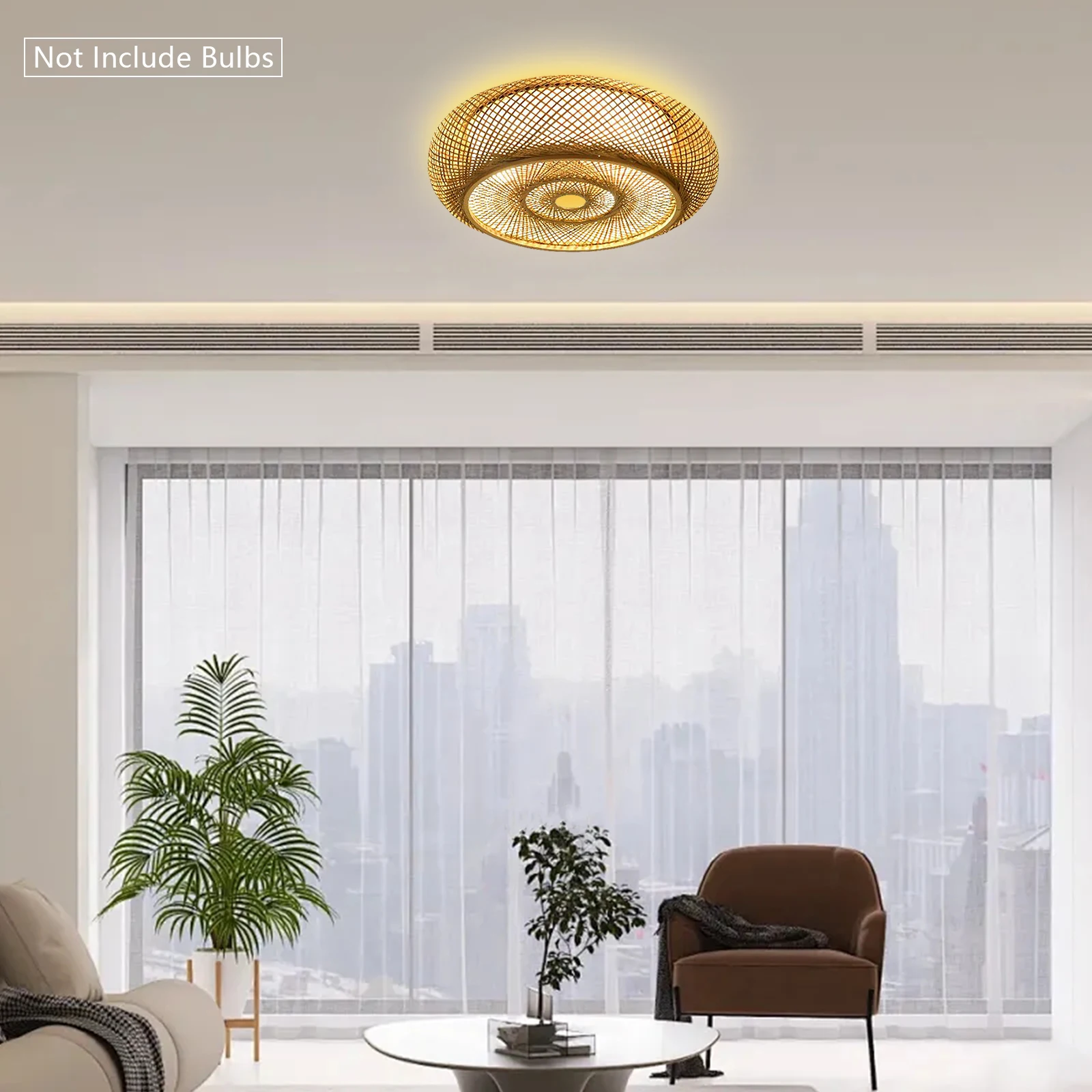 LOYALHEARTDY 40cmLED Retro Rattan Ceiling Light Living Room Dining Room Natural Bamboo Round Lighting E27