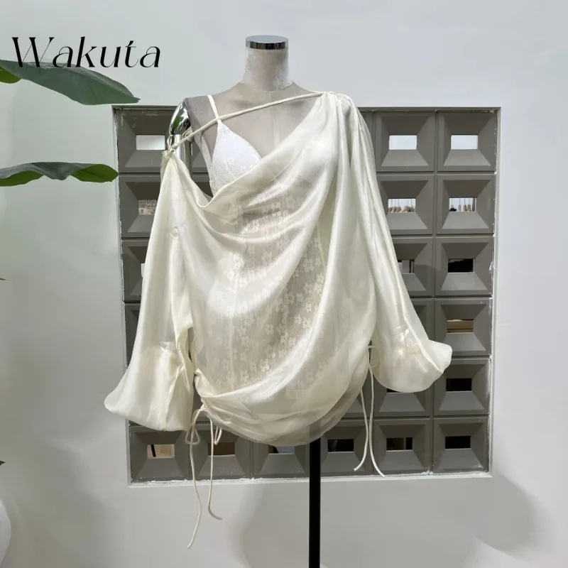 

WAKUTA Solid 2 Piece Sets for Women Diagonal Collar Long Sleeve Outer Shirt V Neck Camisole Slim Jumpsuit Shorts Chic Set Female
