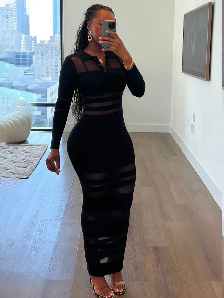 Kricesseen 여성용 폴로 칼라 시어 메쉬 맥시 드레스 패션 속이 비치는 스트라이프 파티 클럽 드레스 나이트 아웃 베스티도스