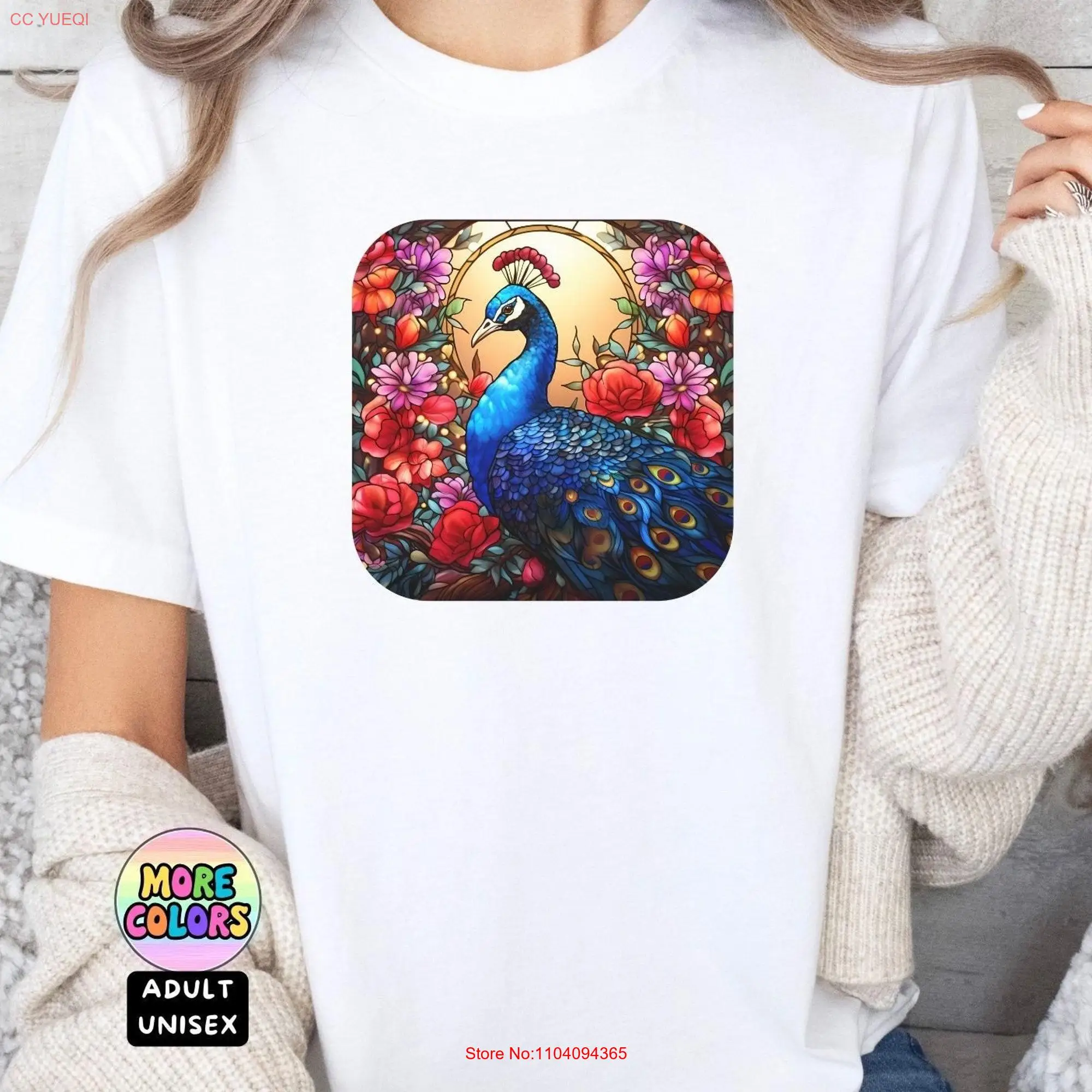 Peacock Floral Stained Glass Cute Colorful T Shirt Wildlife Bird Animal Lovers for Adult  long or short sleeves