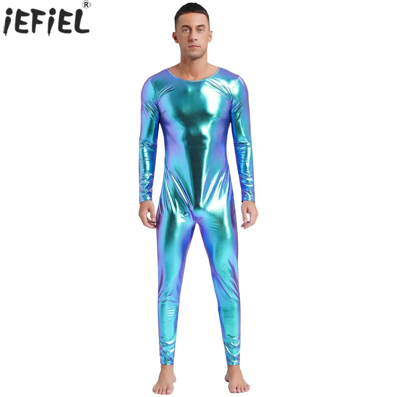 

Men Sexy One-piece Jumpsuit Metallic Shiny Bodysuit Round Neck Long Sleeve Slim Fit Full Leotard for Stage Costumes Dance Wear