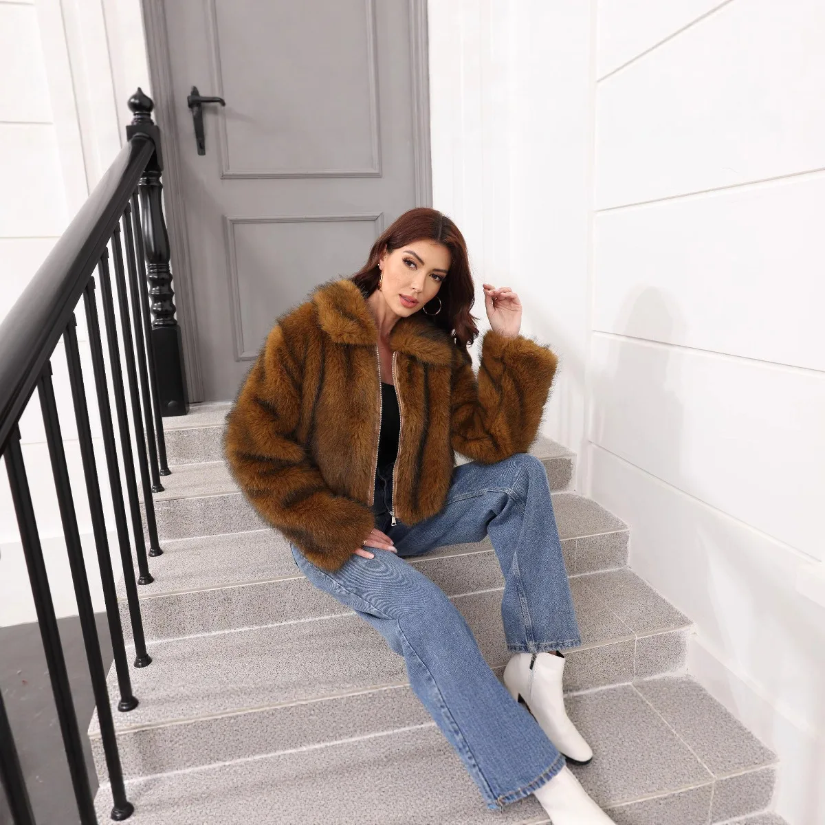 Gradiente kirckj feminino casaco de pele de raposa do falso inverno novo zíper jaqueta de pele artificial para senhora cabelo macio chique feminino casaco de pele de vison