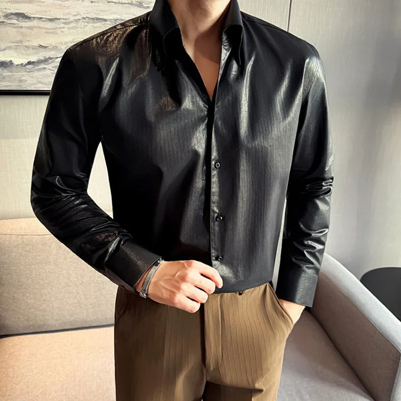 Long-sleeved Shiny Glossy Men's Shirt Spring Button Up V-Neck Men Shirts Streetwear Nightclub Stage Performance Costume Homme