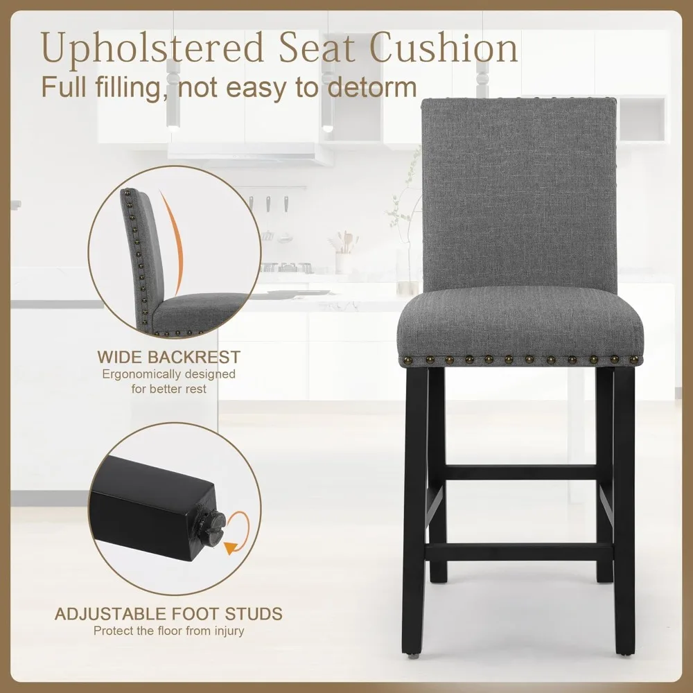 Conjunto de 4 bancos de bar com decoração de cabeça de prego Almofadas macias de 24 polegadas com bancos de pernas de madeira maciça (cinza)