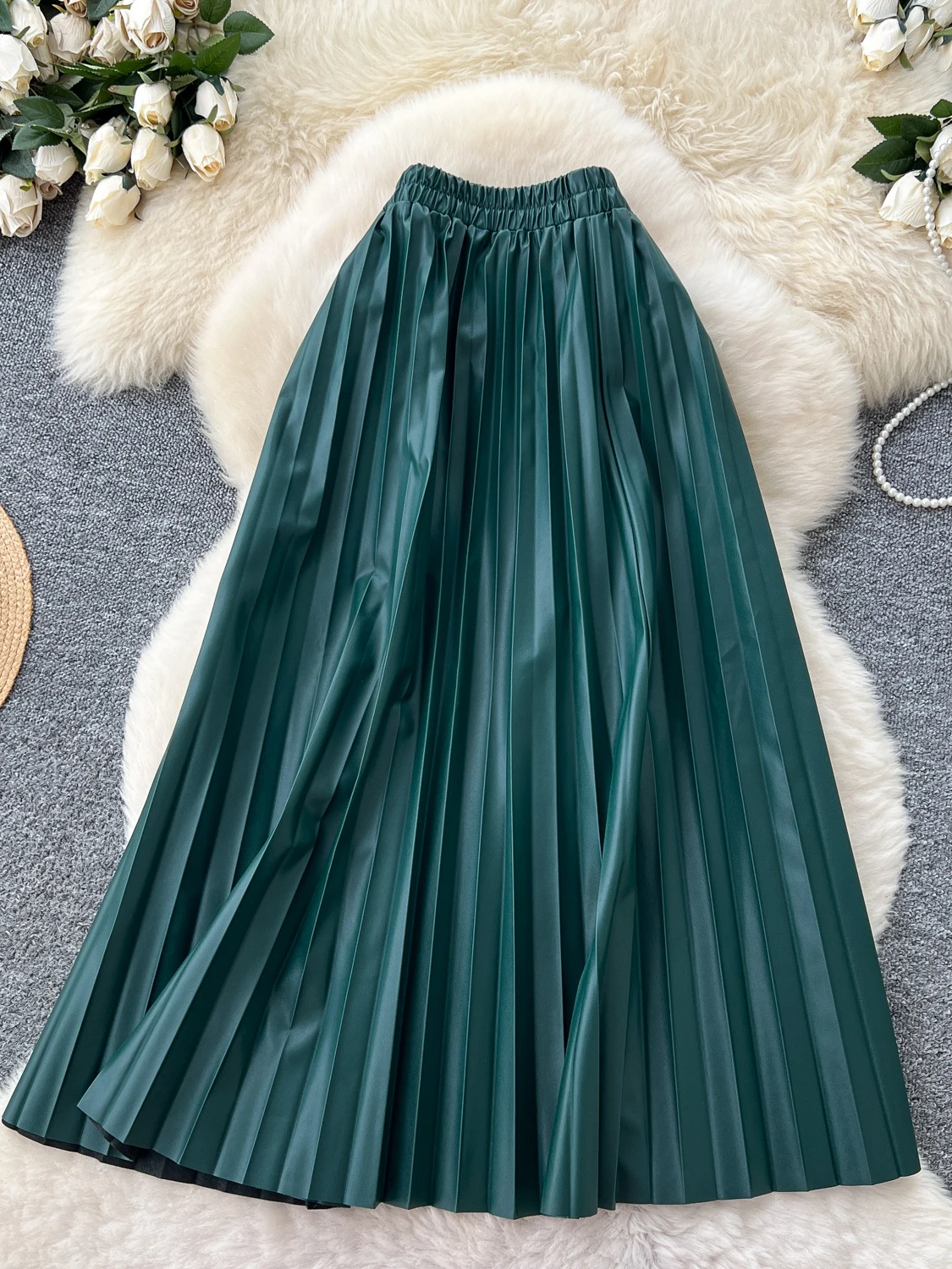 High Waist A-Line Midi Skirt Women's Leather Jaet Elastic Waist Slimming Pleated Skirts Korean Sle Ci Commute Polyester...