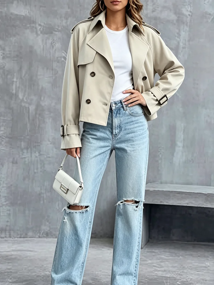 Cropped Trench Coat Women Lapel Double Breasted Long Sleeve Jacket Epaulet Cuff Strap Solid Windbreaker Commuter Daily Outerwear