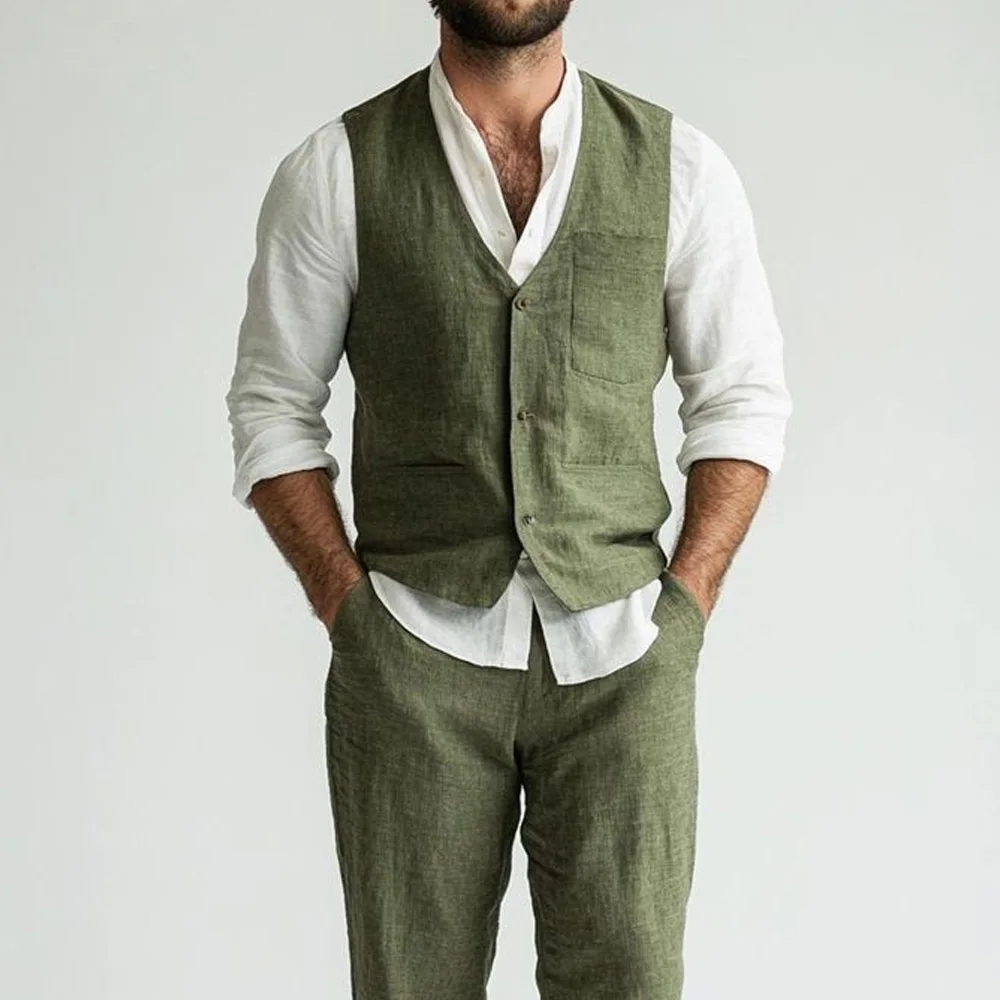 

Linen Fabric Elegant Man Vest for Men's Suit Lightweight Casual Style Solid Color Single-Breasted V-Neck Classic Sleeveless