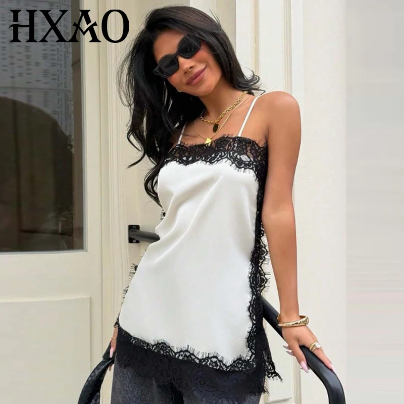 HXAO Satin-Spitzen-Slip-Top für Damen, Sommer 2026, Schwarz, Weiß, Braun, Sexy Crop-Top, Ärmellos, Rückenfrei, Elegantes Camisole-Top für den Alltag