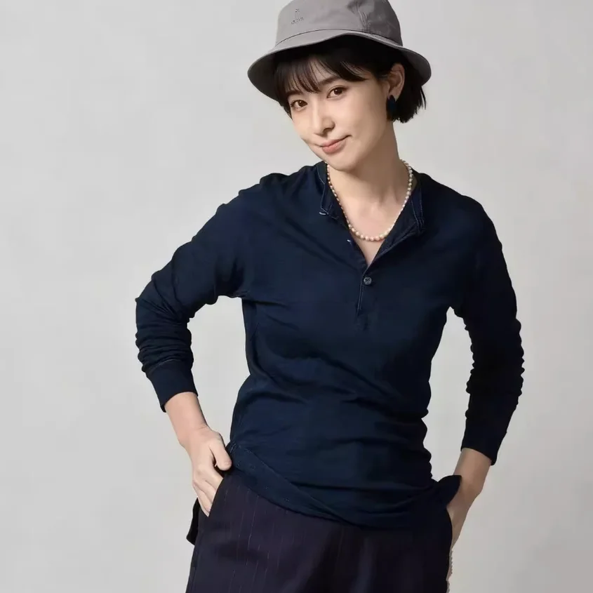 

Футболка Slim Fit Long Sve, японская футболка с воротником Генри, пуговицы с боковым разрезом, осенне-зимняя женская хлопковая футболка Faion