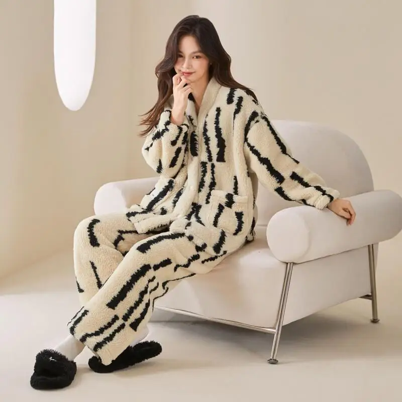 

Женские пижамы, осенне-зимний коралловый флис, удобная одежда для сна, утепленная хлопковая пижамная одежда с длинными рукавами, костюм, фланелевая домашняя одежда