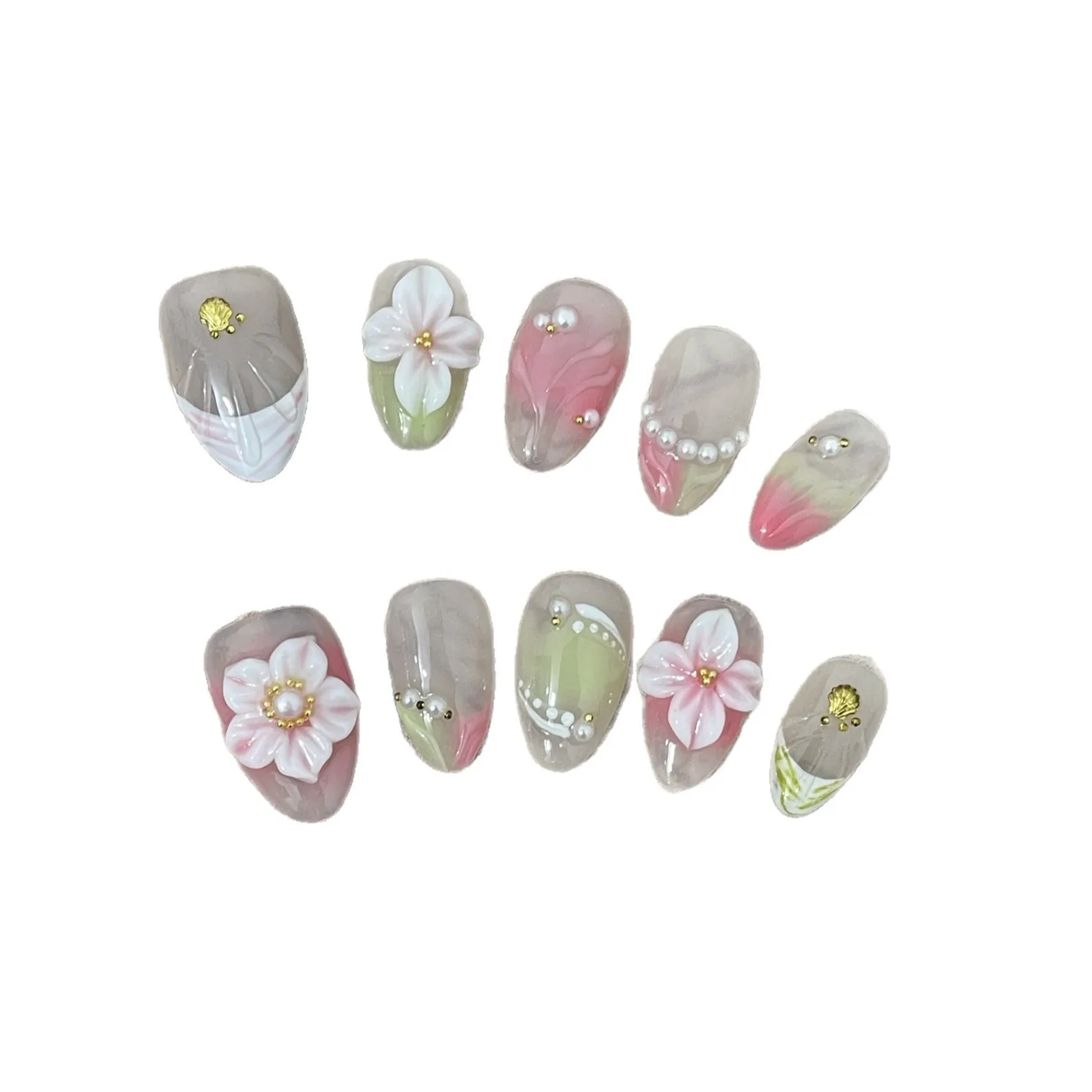 10枚入り ハンドメイド プレスオンネイル フレンチ ショートアーモンド フェイクネイル 取り外し可能 着用可能 スイート クール つけ爪 3D彫刻花びら付き
