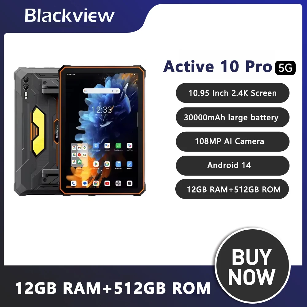 Blackview Active 10 Pro 5G Rugged Tablet 11 Inch FHD+ MTK 7300 30000mAh Large Battery 12GB 256G/512GB 108MP Camera Tablets Pad