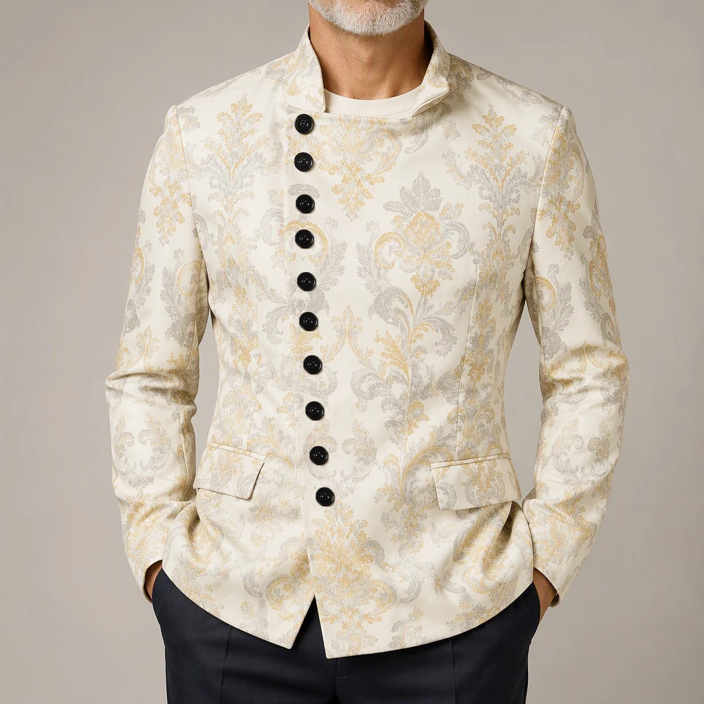 Men's Floral Jacquard Blazer Mandarin Collar Slim Fit Single Breasted Pattern Suit Jacket Fashion Wedding Party Formal Outerwear