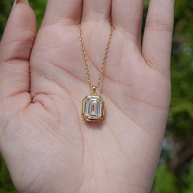 OXTAO Emerald Cut Minimalist Solitaire Pendant Necklace for Women 4CT Moissanite Charm Necklace Wedding Jewelry 14K Gold Filled view 3