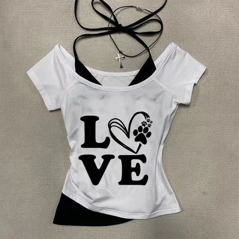 

Spring and Summer New Women's Fake Two piece Top with Strap Printing Short Slim Fit Top, Versatile for Daily Use·