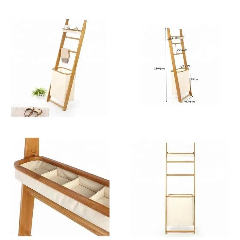 Custom Bamboo Blanket Ladder Wooden Shelving for Living Room Bedroom Bathroom Inclined Wall Storage Rack Home Decor Organizer