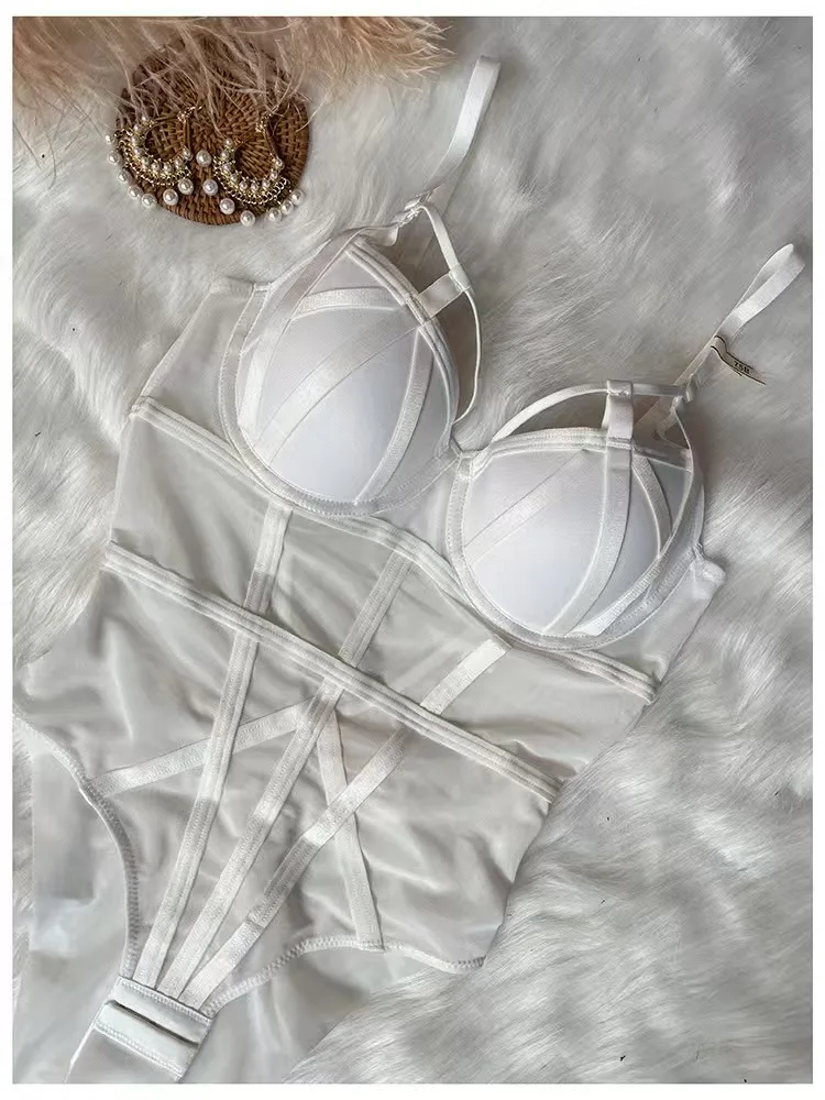 Body de corsé sexy ajustado para mujer, sin mangas, de gasa, con entrepierna abierta, mono corto, lencería de moda, camisola, romper liso
