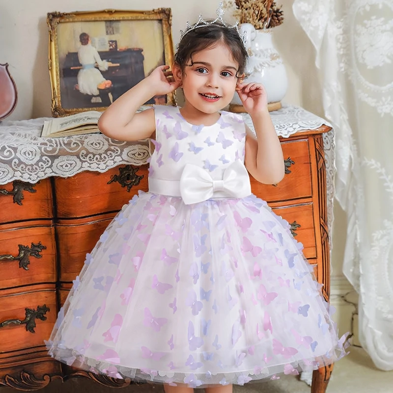 Little Girls Summer Party Dress Sequin Sleeveless Dress for Girls Princess 3D Butterfly Mesh Tutu Children Birthday Wedding Gown