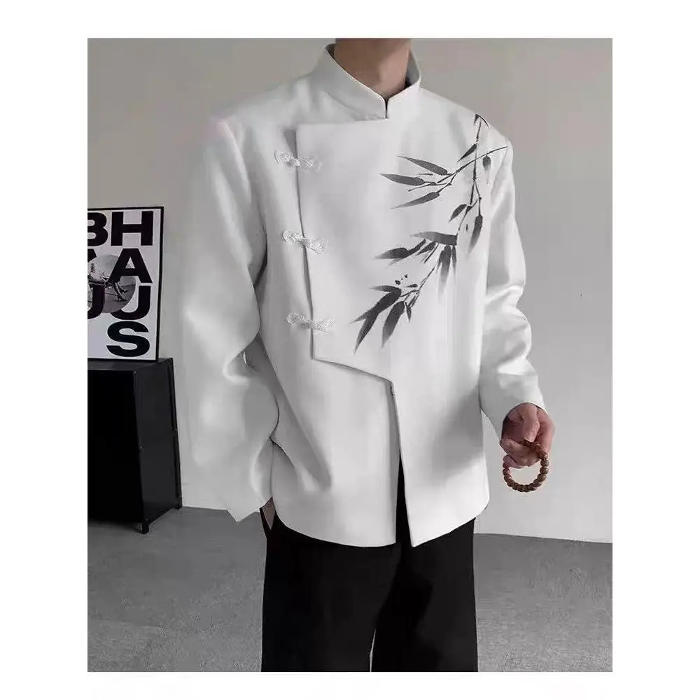 

Новинка 2025, китайский мужской костюм Sle, белое пальто Zhongan, бамбуковый узор, воротник-стойка с угловыми пуговицами, наряд в стиле вестерн