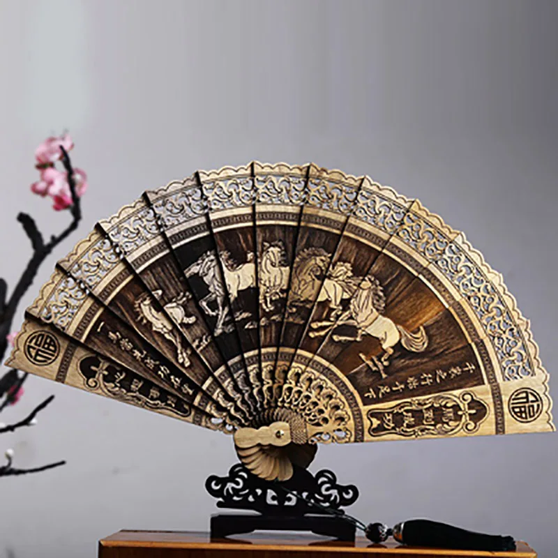 Nanmu-Folding Hand Fan, Upscale Carved, Decorative Hollow Out, Chinese Style, Wooden Craft, Home Decor, Luxury Hand Held