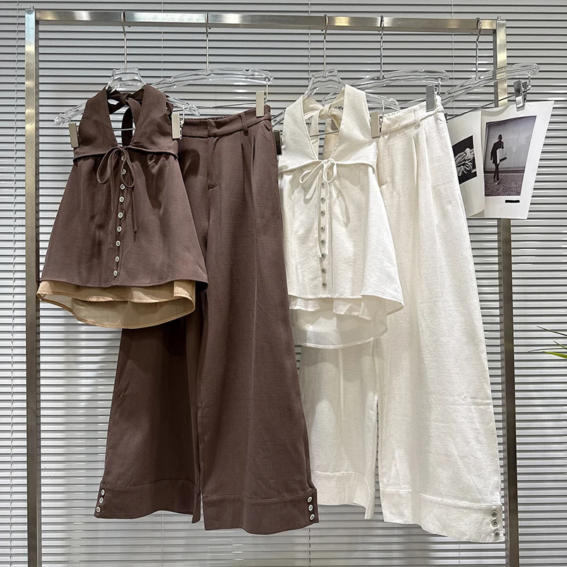 Spring and Autumn Female Casual Lace Up Backless Hanging Neck Vest+loose Wide Leg Pants Set Women Two-piece Set