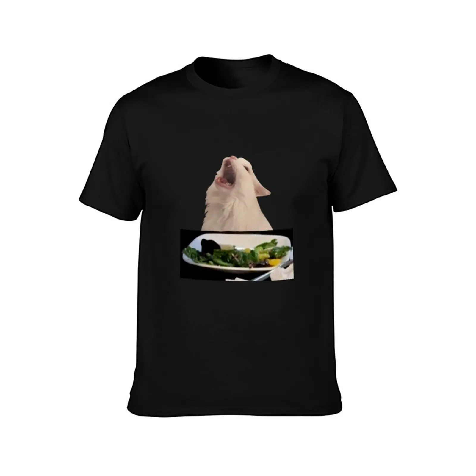Cat Meowing at Table Meme T-Shirt Casual Lightweight Short Sleeve Top